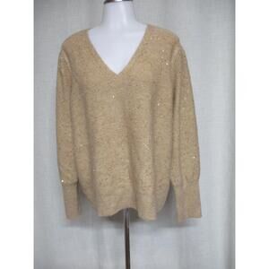 LOFT Tan Stretch Knit Gold Sequin Pull Over V Neck Sweater top sz XL   CB